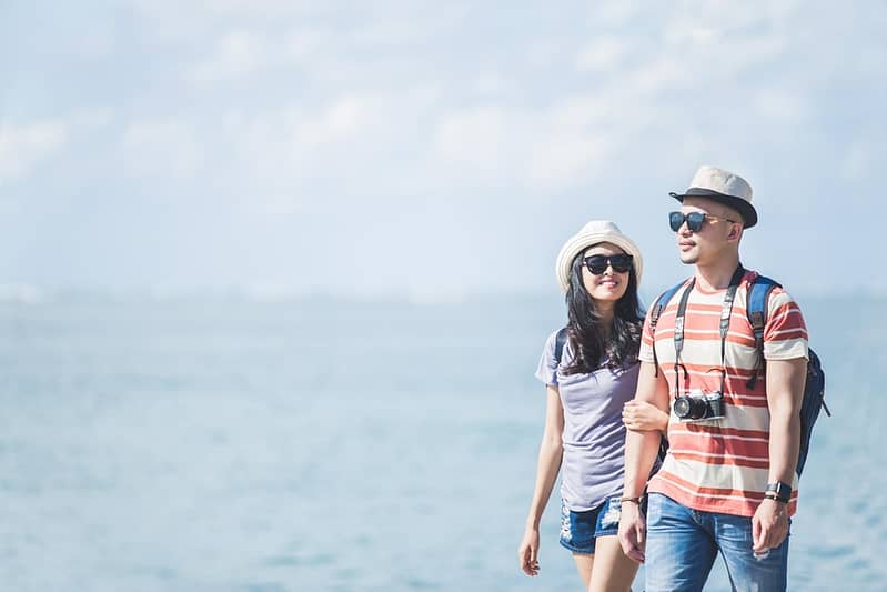 backpackers couple wearing summer hat sunglasses walking resize